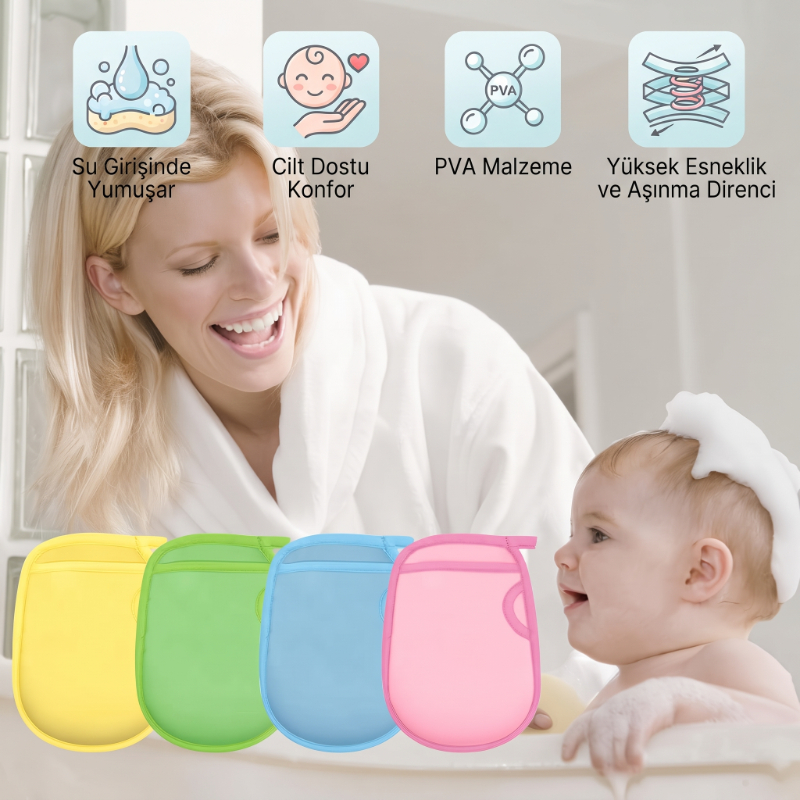 Bebek Yumuşak Banyo Kesesi - Eldiven Modeli - Cilt Temizleyici - Yetişkin Kullanımına Uygun - görsel 3